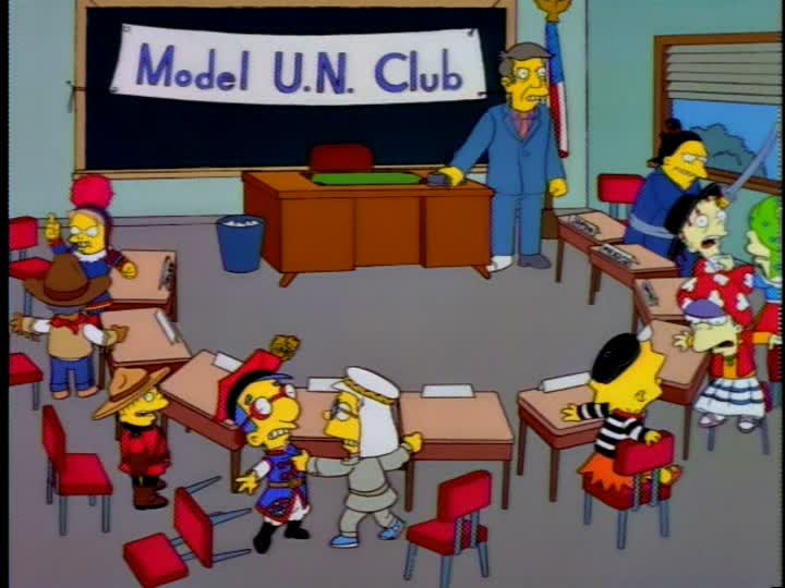 You leave tomorrow for the statewide Model U.N., so this is out last chance  to bone up. And bone we will! : TheSimpsons
